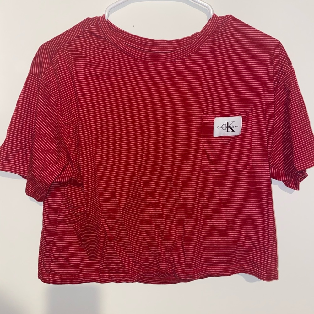 Red Striped Calvin Klein Cropped Pocket T